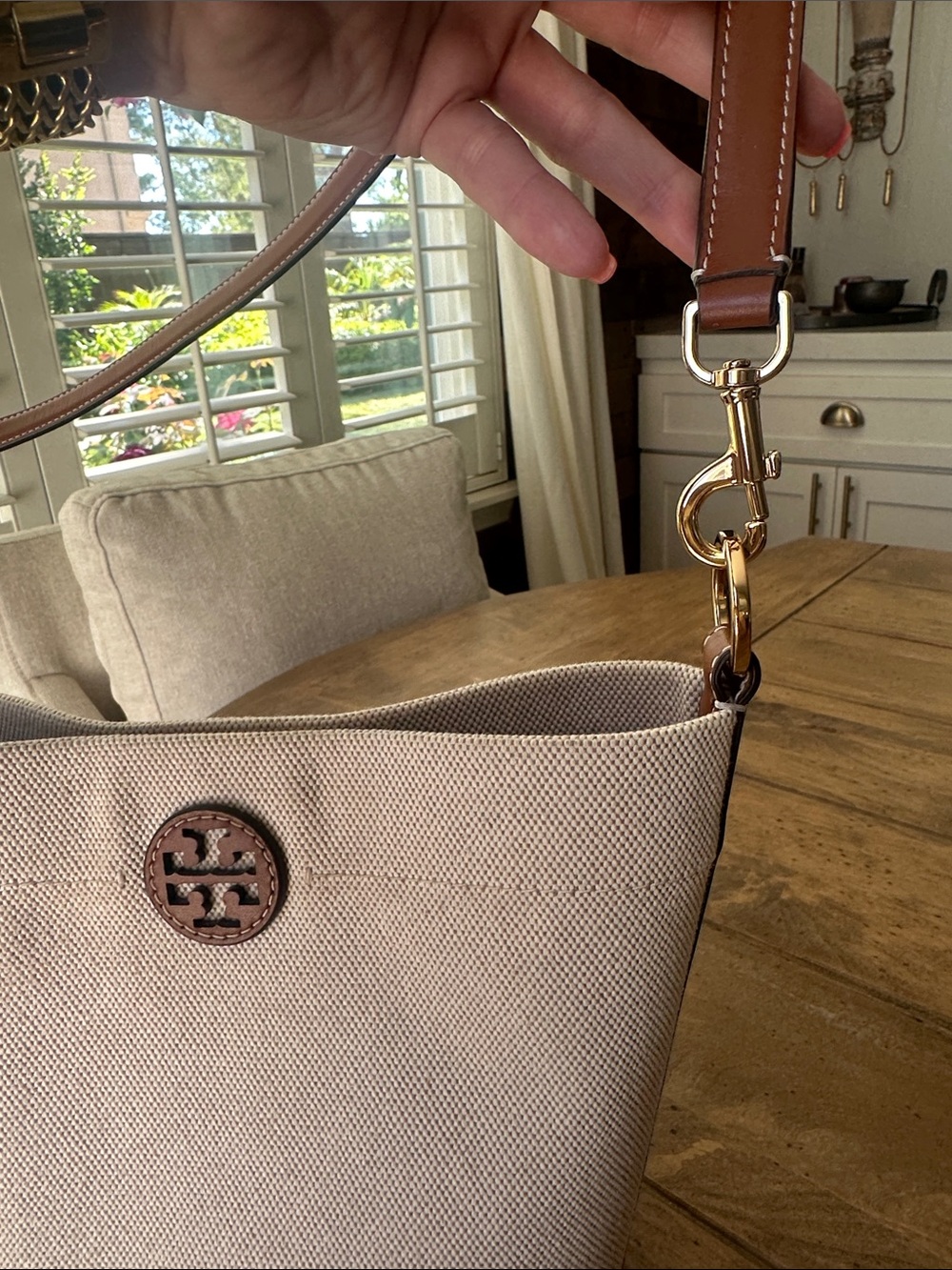Tory Burch Light Beige Canvas Bucket Bag with Brown Leather Trim - Picture 5 of 10